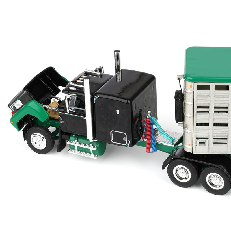 1/64 Ford LTL 9000 Semi Truck with 45ft Wilson Vintage Livestock Trailer, Black/Green, DCP by First Gear