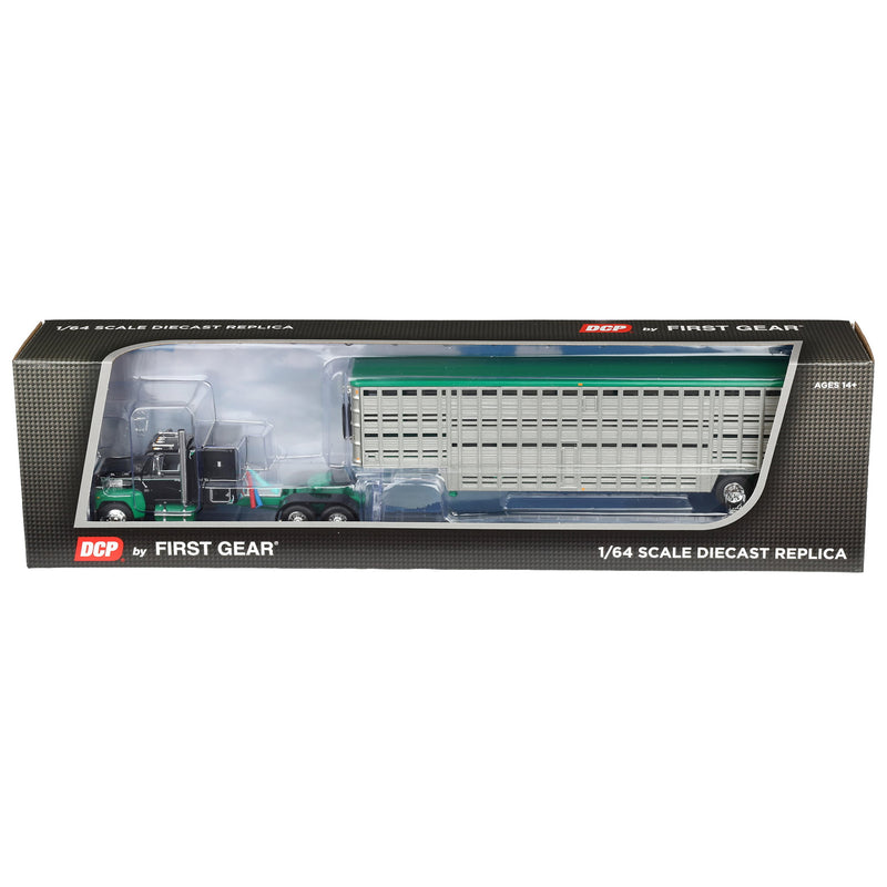 1/64 Ford LTL 9000 Semi Truck with 45ft Wilson Vintage Livestock Trailer, Black/Green, DCP by First Gear