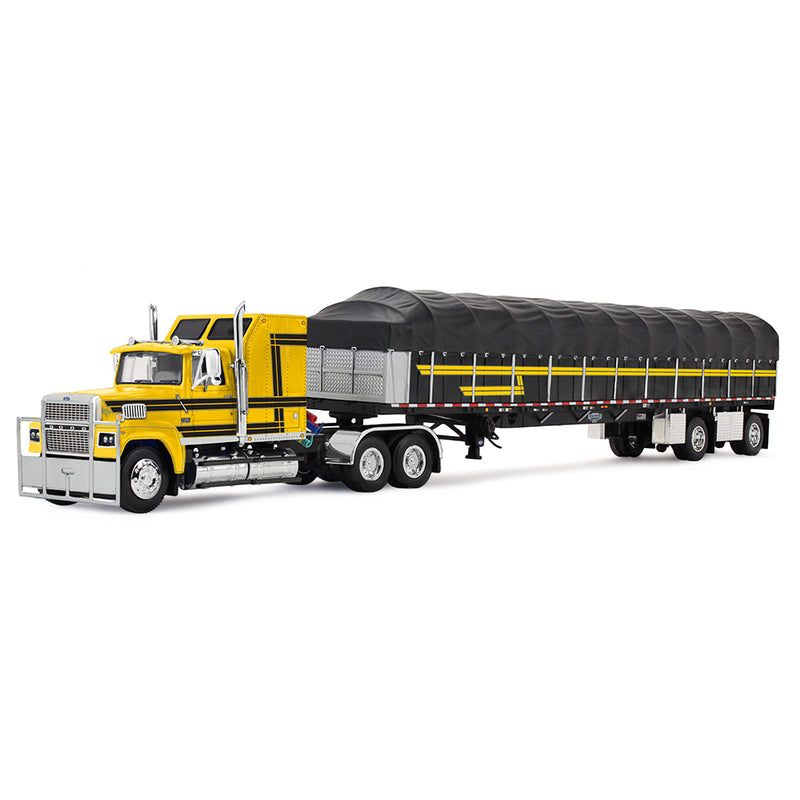 1/64 Ford LTL 9000 Semi Truck with 53ft Wilson Roadbrute Flatbed Trailer & Covered Wagon, Yellow/Black, DCP by First Gear