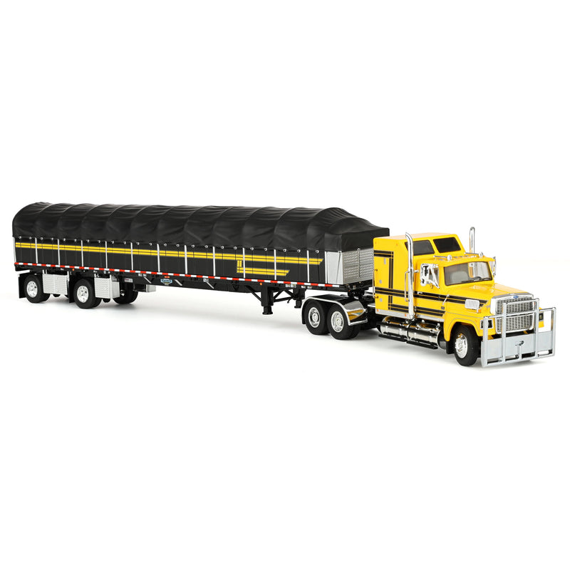 1/64 Ford LTL 9000 Semi Truck with 53ft Wilson Roadbrute Flatbed Trailer & Covered Wagon, Yellow/Black, DCP by First Gear