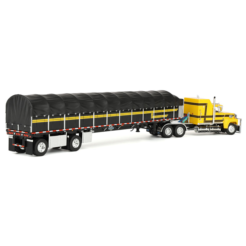 1/64 Ford LTL 9000 Semi Truck with 53ft Wilson Roadbrute Flatbed Trailer & Covered Wagon, Yellow/Black, DCP by First Gear