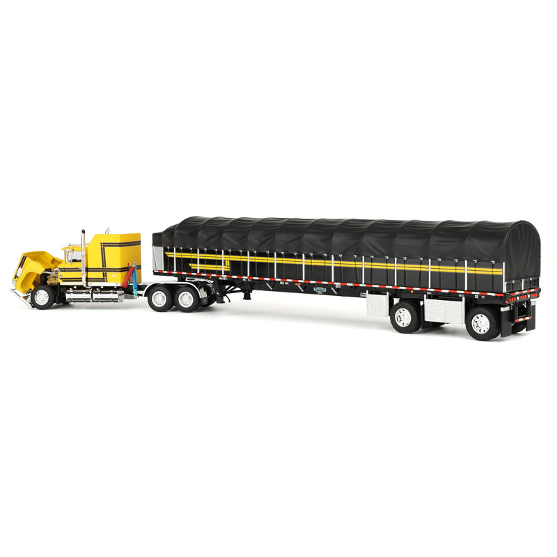 1/64 Ford LTL 9000 Semi Truck with 53ft Wilson Roadbrute Flatbed Trailer & Covered Wagon, Yellow/Black, DCP by First Gear