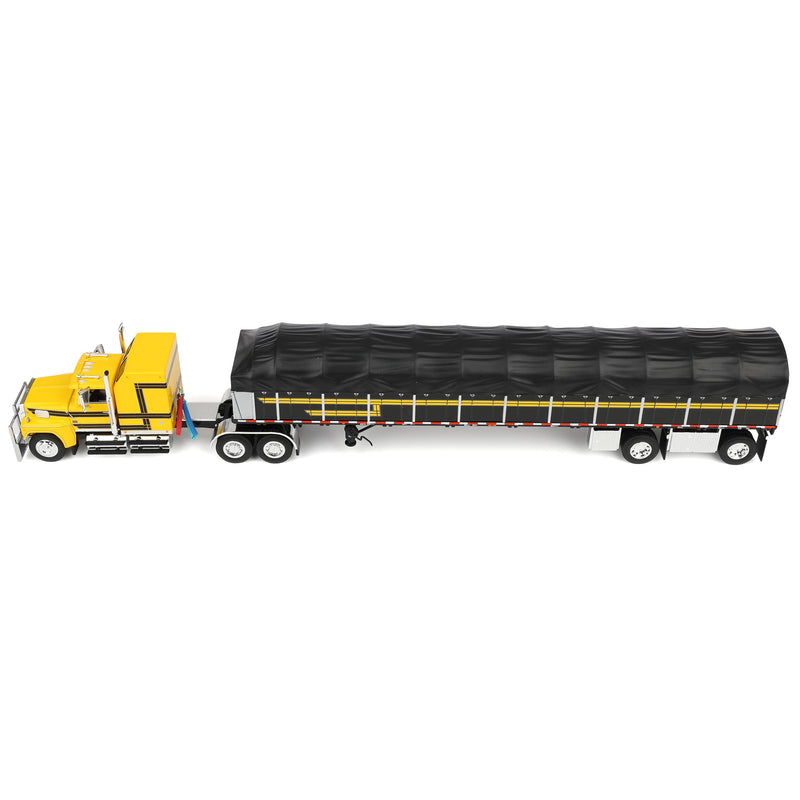 1/64 Ford LTL 9000 Semi Truck with 53ft Wilson Roadbrute Flatbed Trailer & Covered Wagon, Yellow/Black, DCP by First Gear