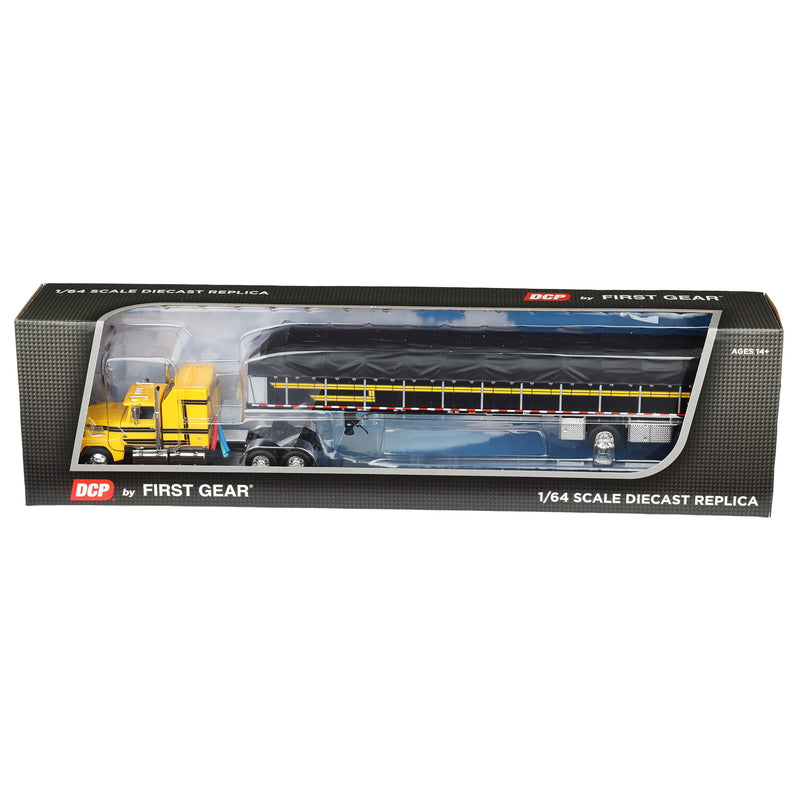 1/64 Ford LTL 9000 Semi Truck with 53ft Wilson Roadbrute Flatbed Trailer & Covered Wagon, Yellow/Black, DCP by First Gear
