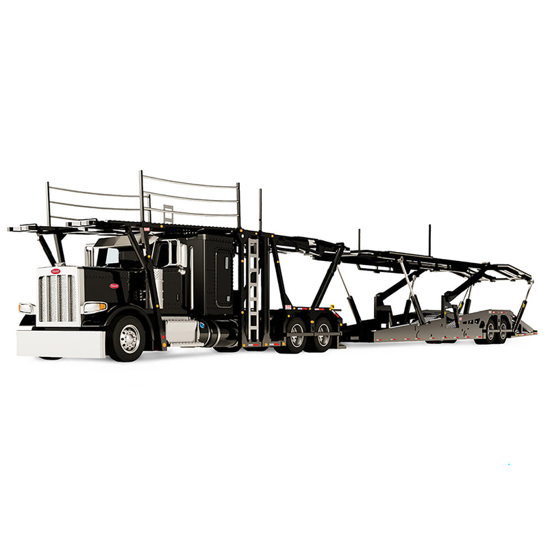 1/64 Peterbilt 389 Semi Truck with Aftermarket Parts & Boydstun 9106-48EZ Car Carrier Trailer, Black, Outback Toys Exclusive DCP by First Gear