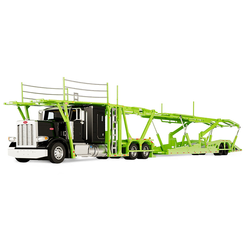 1/64 Peterbilt 389 Semi Truck with Boydstun 9106-48EZ Car Carrier Trailer, Black & Green, Outback Toys Exclusive DCP by First Gear