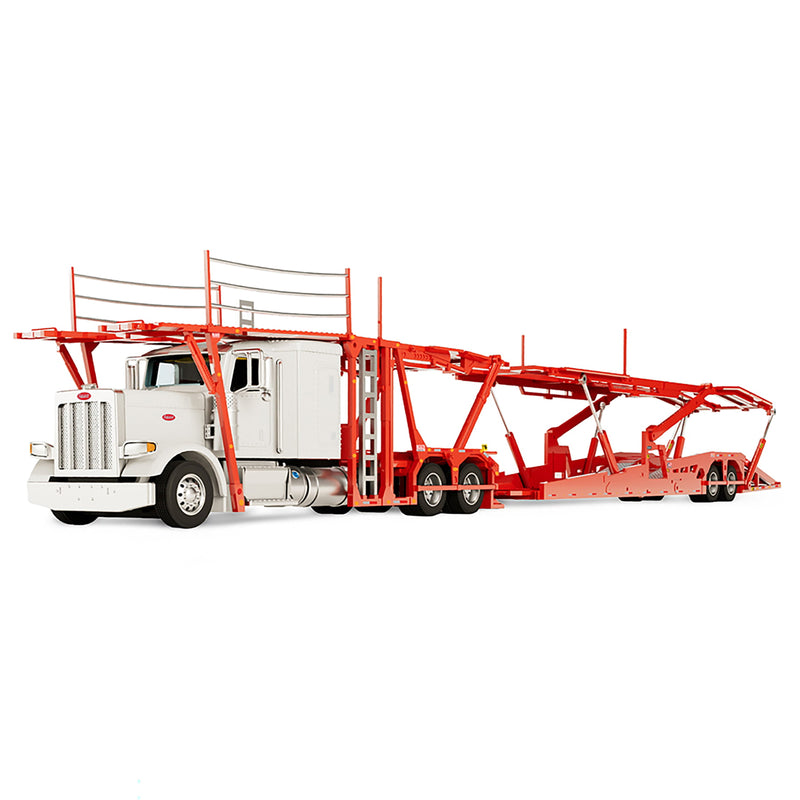 1/64 Peterbilt 389 Semi Truck with Boydstun 9106-48EZ Car Carrier Trailer, White & Red, Outback Toys Exclusive DCP by First Gear