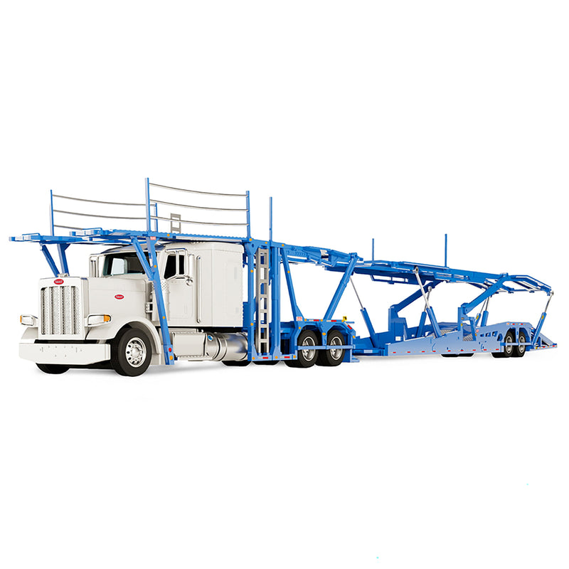 1/64 Peterbilt 389 Semi Truck with Boydstun 9106-48EZ Car Carrier Trailer, White & Blue, Outback Toys Exclusive DCP by First Gear