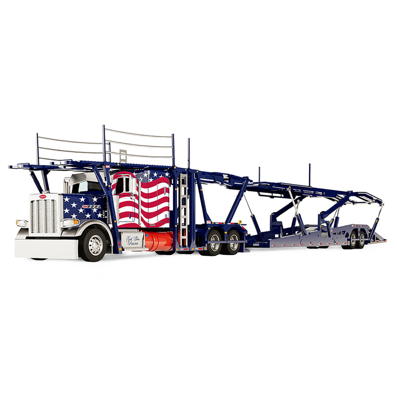 1/64 Peterbilt 389 Semi Truck with Aftermarket Parts & Boydstun 9106-48EZ Car Carrier Trailer, USA Tribute, Outback Toys Exclusive DCP by First Gear