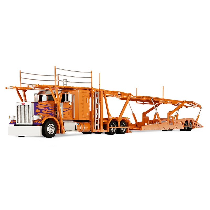 1/64 Peterbilt 389 Semi Truck with Aftermarket Parts & Boydstun 9106-48EZ Car Carrier Trailer, Orange with Flames, Outback Toys Exclusive DCP by First Gear
