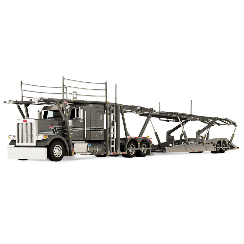 1/64 Peterbilt 389 Semi Truck with Aftermarket Parts & Boydstun 9106-48EZ Car Carrier Trailer, Gunmetal Custom, Outback Toys Exclusive DCP by First Gear