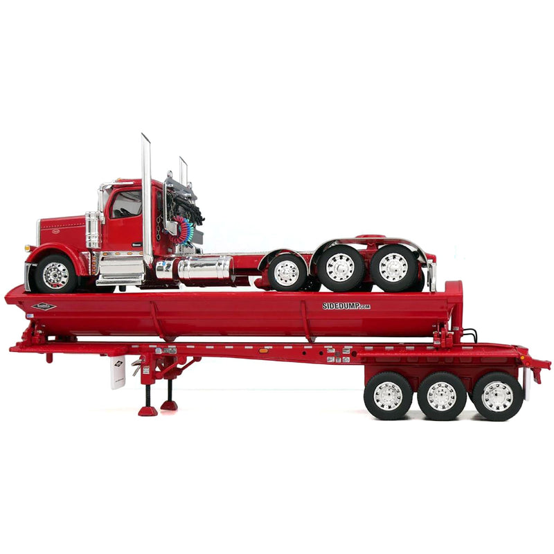 1/64 Peterbilt 589 Day Cab Semi Truck with Side Dump Trailer, Red with Red Trailer, DCP by First Gear
