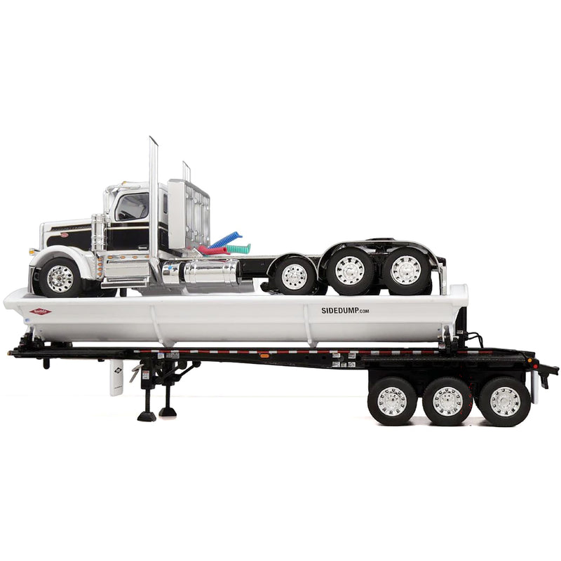 1/64 Peterbilt 589 Day Cab Semi Truck with Side Dump Trailer, White & Black with White Trailer, DCP by First Gear