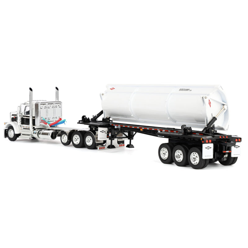 1/64 Peterbilt 589 Day Cab Semi Truck with SmithCo Side Dump Trailer, White & Black with White Trailer, DCP by First Gear