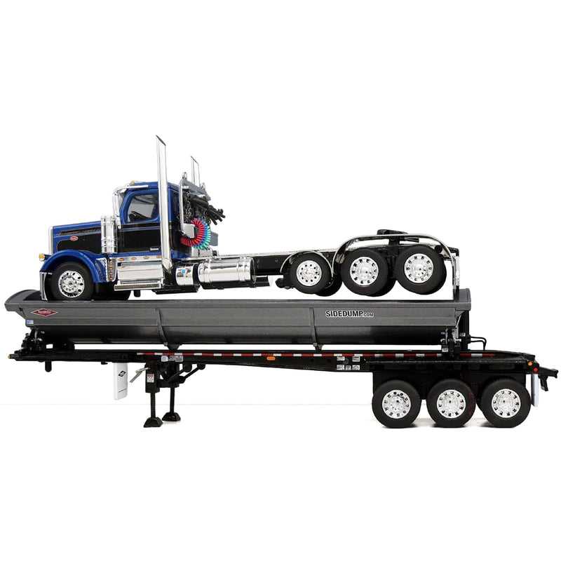 1/64 Peterbilt 589 Day Cab Semi Truck with Side Dump Trailer, Blue & Black with Gray Trailer, DCP by First Gear
