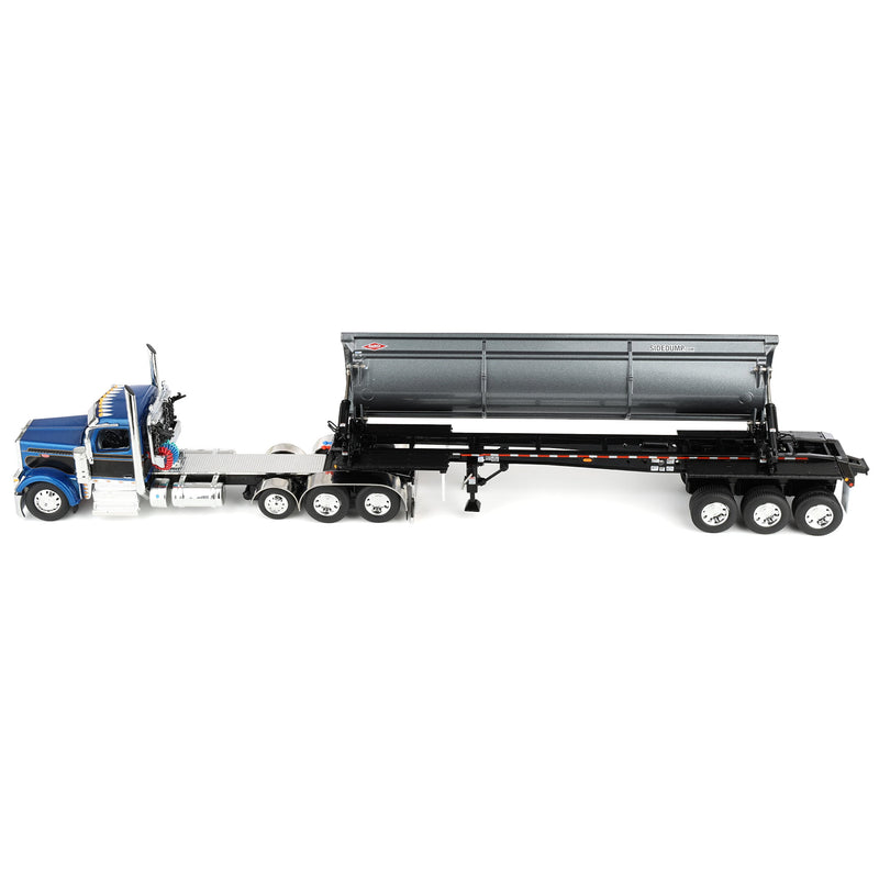 1/64 Peterbilt 589 Day Cab Semi Truck with SmithCo Side Dump Trailer, Blue & Black with Gray Trailer, DCP by First Gear