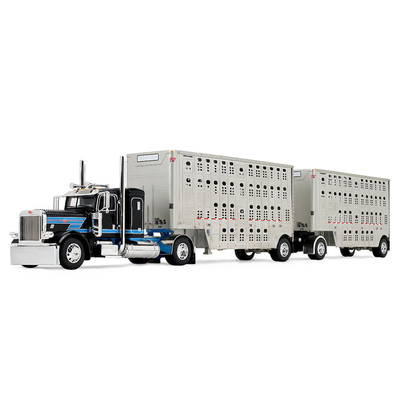 1/64 Peterbilt 389 Flat Top Semi Truck & Wilson Silverstar Double Livestock Trailers, Black/Cyan, DCP by First Gear
