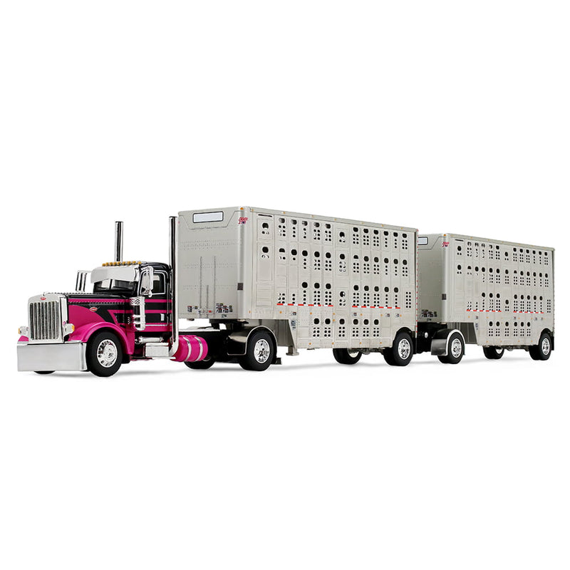 1/64 Peterbilt 389 Day Cab Semi Truck & Wilson Silverstar Double Livestock Trailers, Black/Magenta, DCP by First Gear