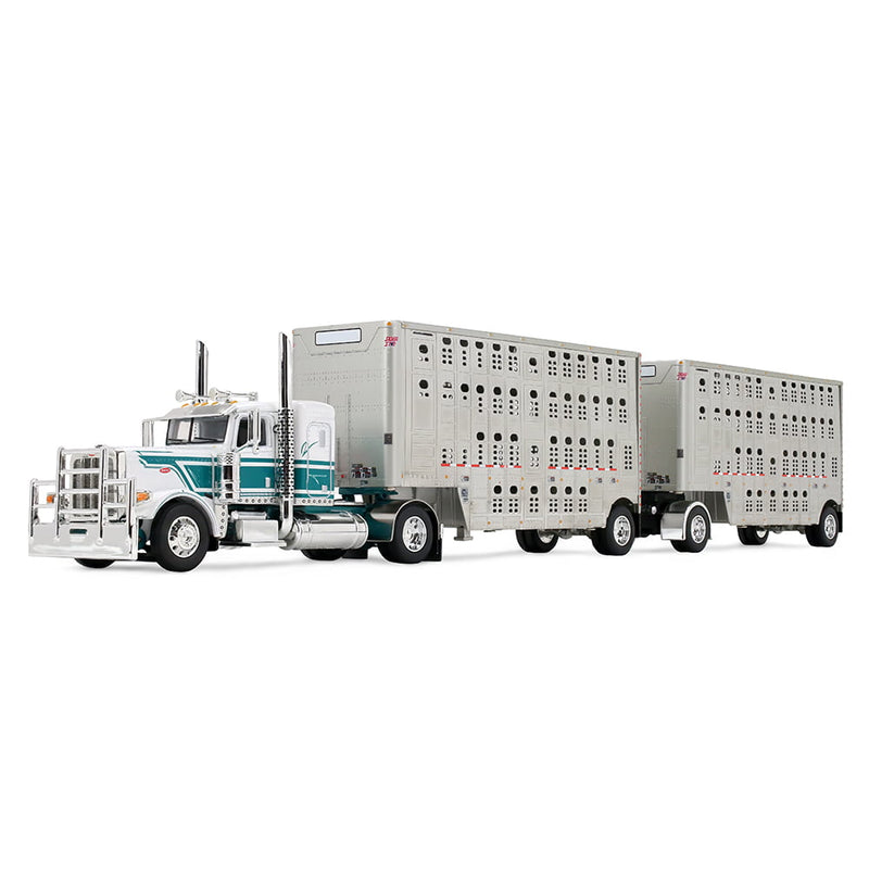 1/64 Peterbilt 389 Flat Top Semi Truck & Wilson Silverstar Double Livestock Trailers, White/Teal, DCP by First Gear