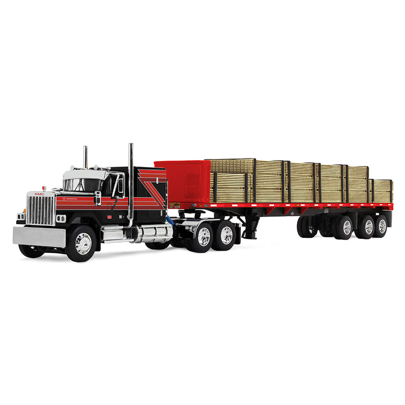 1/64 GMC General Semi Truck with 48ft Utility Flatbed Trailer & Lumber Load, Black/Red, DCP by First Gear