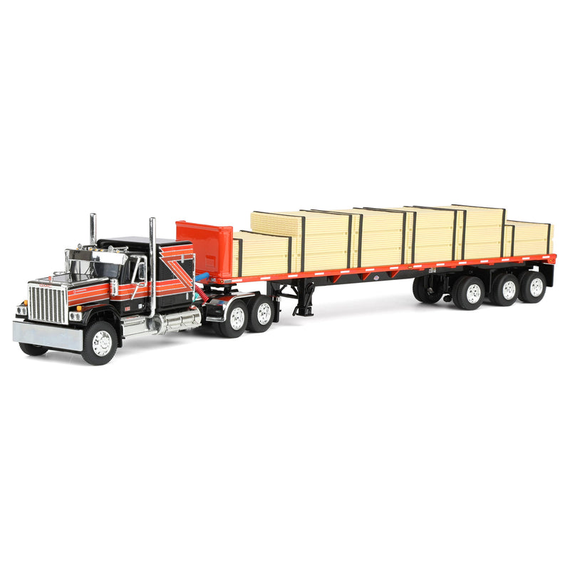 1/64 GMC General Semi Truck with 48ft Utility Flatbed Trailer & Lumber Load, Black/Red, DCP by First Gear