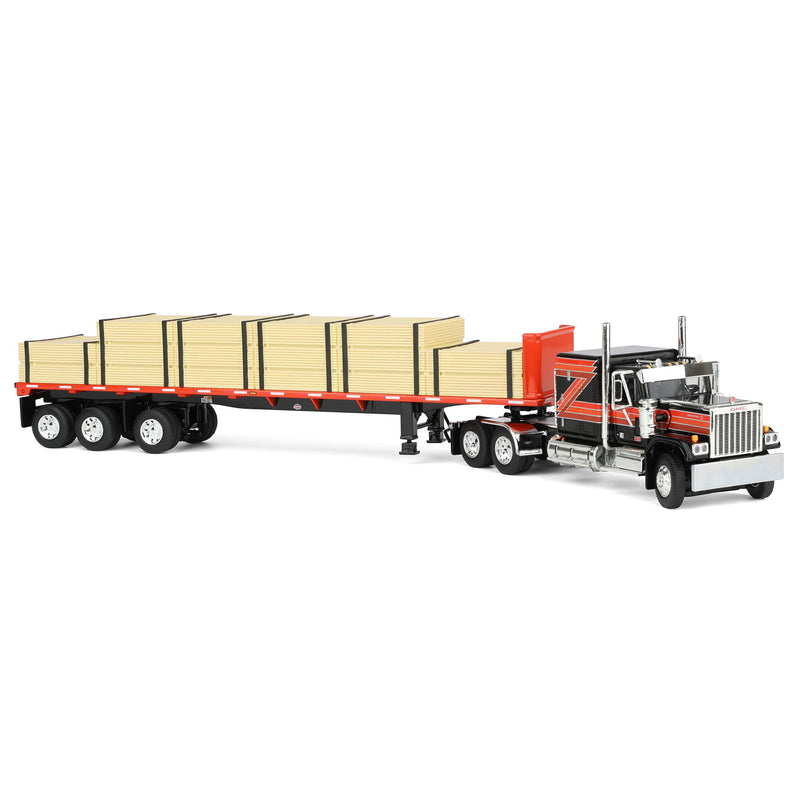 1/64 GMC General Semi Truck with 48ft Utility Flatbed Trailer & Lumber Load, Black/Red, DCP by First Gear