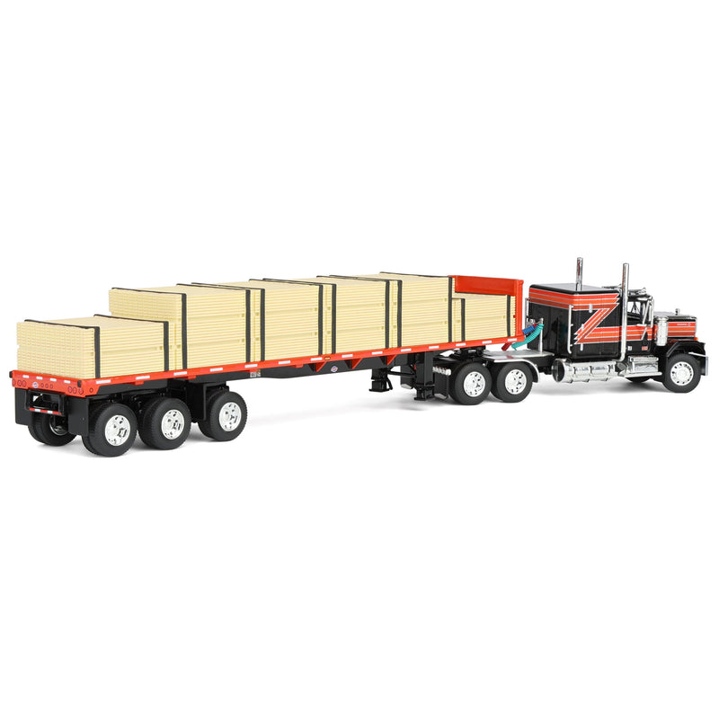 1/64 GMC General Semi Truck with 48ft Utility Flatbed Trailer & Lumber Load, Black/Red, DCP by First Gear