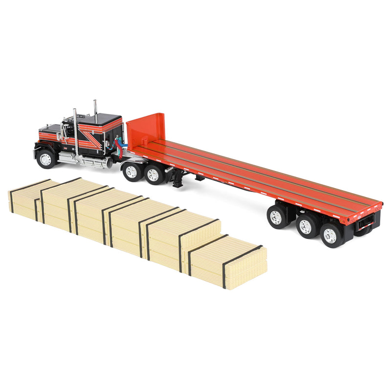 1/64 GMC General Semi Truck with 48ft Utility Flatbed Trailer & Lumber Load, Black/Red, DCP by First Gear