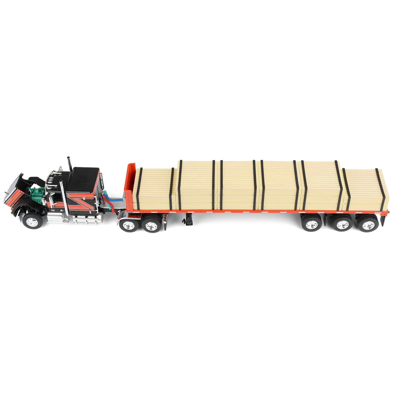1/64 GMC General Semi Truck with 48ft Utility Flatbed Trailer & Lumber Load, Black/Red, DCP by First Gear