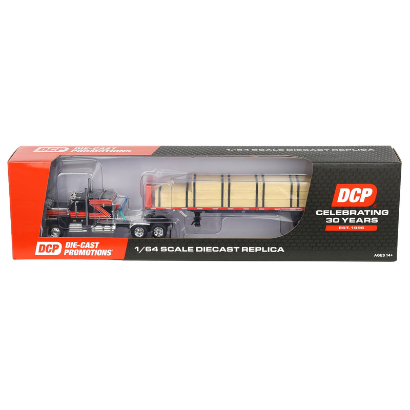 1/64 GMC General Semi Truck with 48ft Utility Flatbed Trailer & Lumber Load, Black/Red, DCP by First Gear