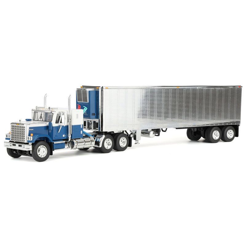 1/64 Chevrolet Bison Semi Truck with 40ft Vintage Trailer & Reefer, Blue/Chrome, DCP by First Gear