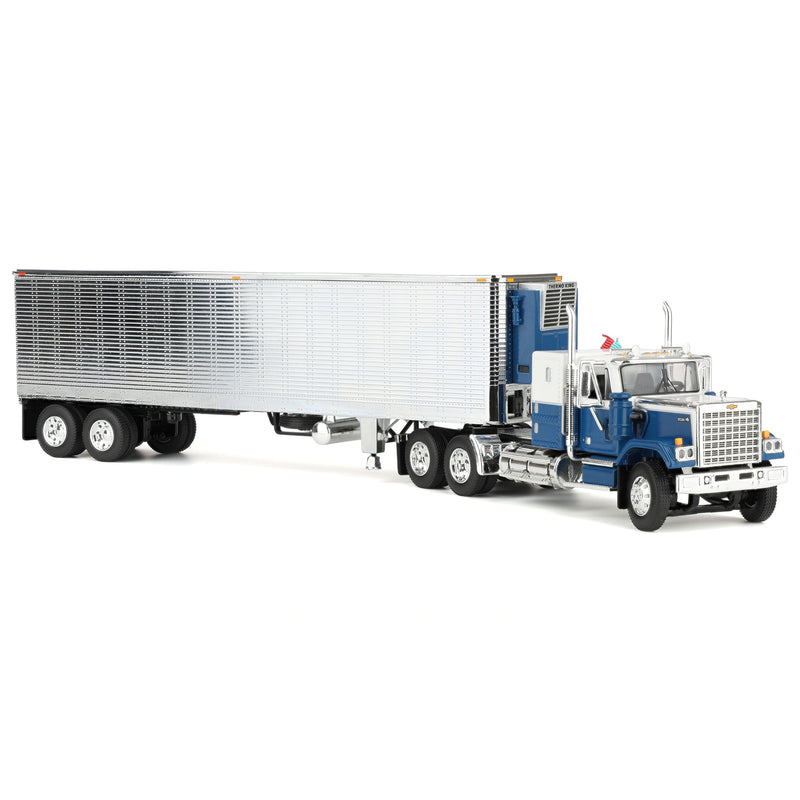 1/64 Chevrolet Bison Semi Truck with 40ft Vintage Trailer & Reefer, Blue/Chrome, DCP by First Gear