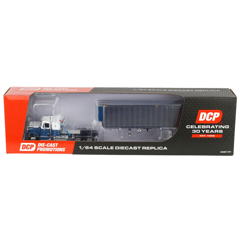1/64 Chevrolet Bison Semi Truck with 40ft Vintage Trailer & Reefer, Blue/Chrome, DCP by First Gear