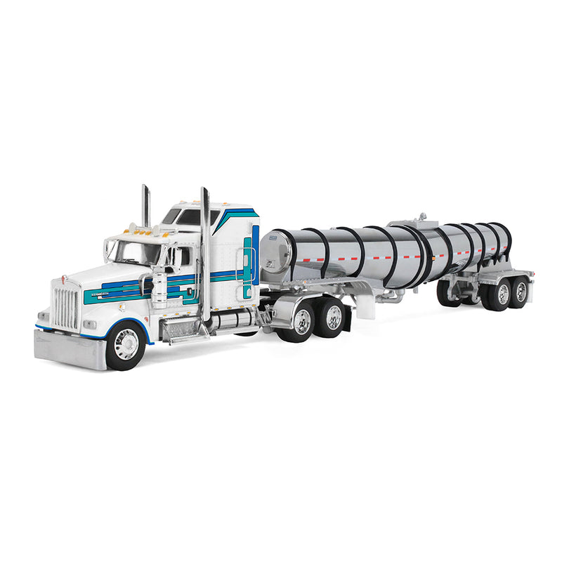 1/64 Kenworth W900L Semi Truck with 60in Aerodyne Sleeper & Polar Deep Drop Trailer, White/Blue, DCP by First Gear