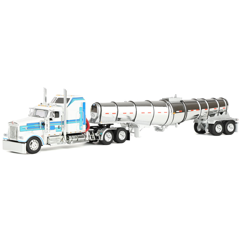 1/64 Kenworth W900L Semi Truck with 60in Aerodyne Sleeper & Polar Deep Drop Trailer, White/Blue, DCP by First Gear