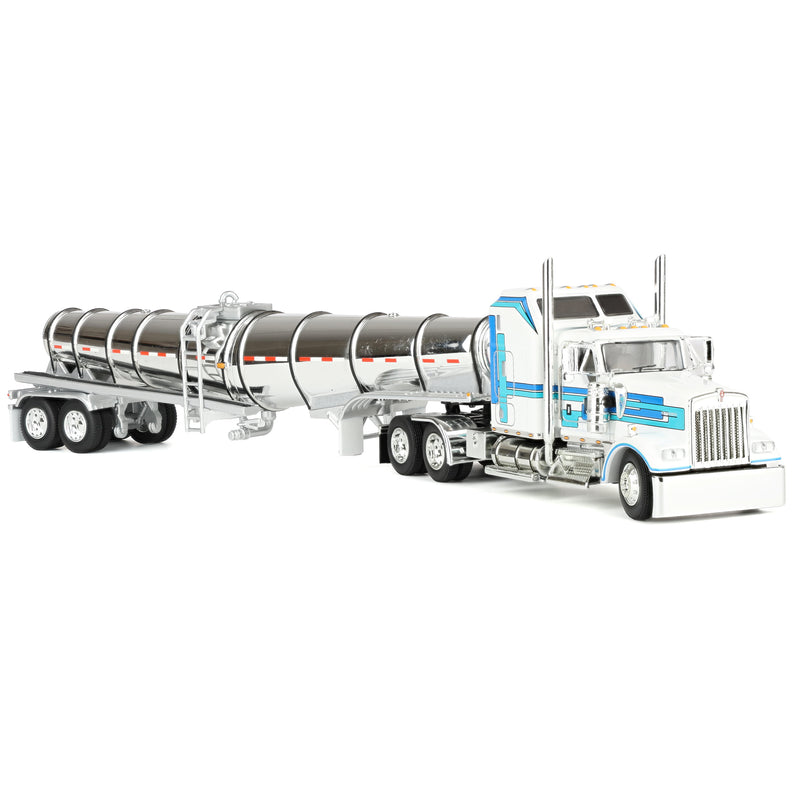 1/64 Kenworth W900L Semi Truck with 60in Aerodyne Sleeper & Polar Deep Drop Trailer, White/Blue, DCP by First Gear