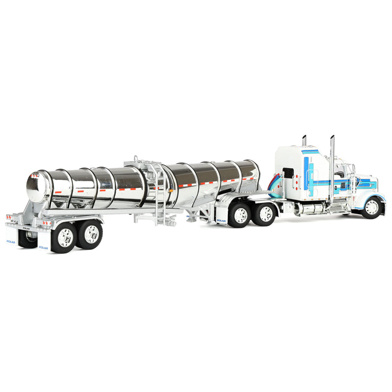 1/64 Kenworth W900L Semi Truck with 60in Aerodyne Sleeper & Polar Deep Drop Trailer, White/Blue, DCP by First Gear