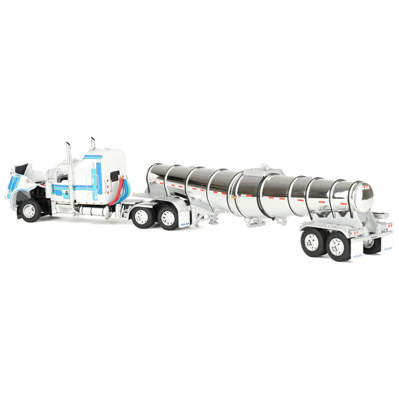 1/64 Kenworth W900L Semi Truck with 60in Aerodyne Sleeper & Polar Deep Drop Trailer, White/Blue, DCP by First Gear