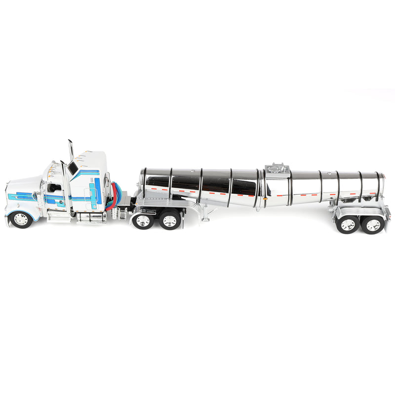 1/64 Kenworth W900L Semi Truck with 60in Aerodyne Sleeper & Polar Deep Drop Trailer, White/Blue, DCP by First Gear