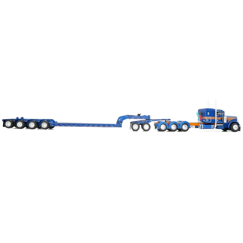1/64 Peterbilt 379 Semi Truck with Lowboy Trailer, Jeep & 4th Flip Axle, Blue/Orange, DCP by First Gear