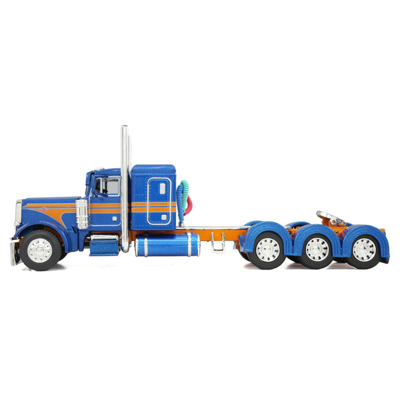 1/64 Peterbilt 379 Semi Truck with Lowboy Trailer, Jeep & 4th Flip Axle, Blue/Orange, DCP by First Gear