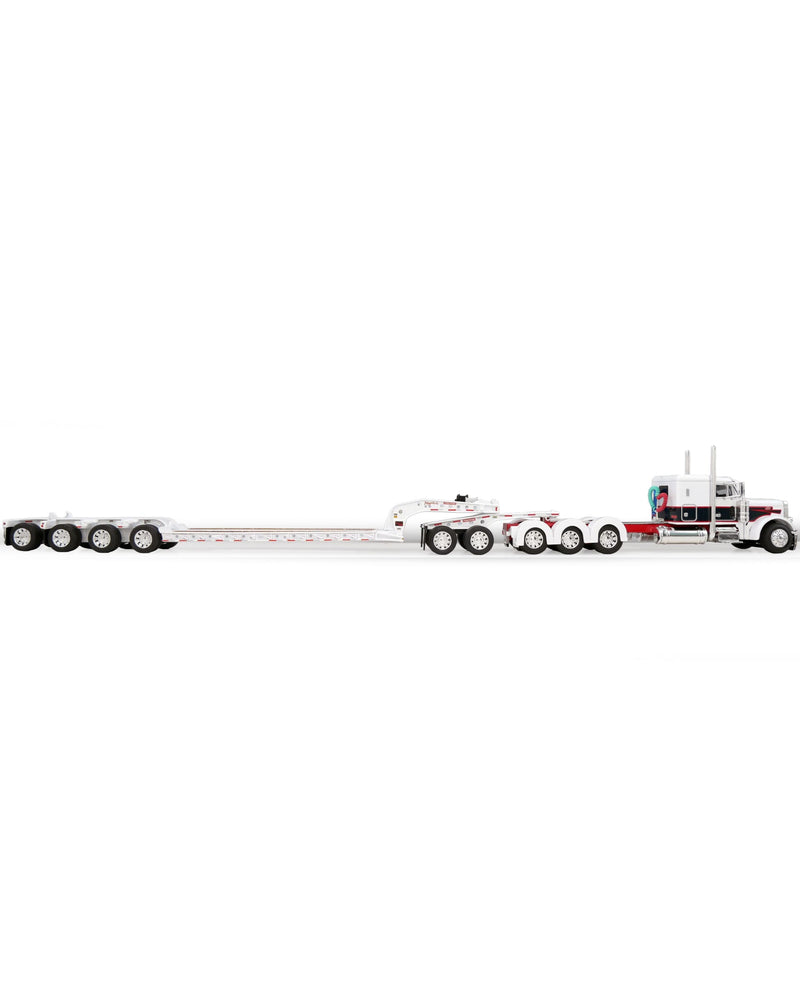 1/64 Peterbilt 379 Semi Truck with Lowboy Trailer, Jeep & 4th Flip Axle, White/Black/Red, DCP by First Gear