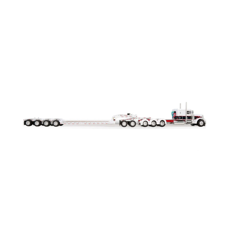 1/64 Peterbilt 379 Semi Truck with Lowboy Trailer, Jeep & 4th Flip Axle, White/Black/Red, DCP by First Gear