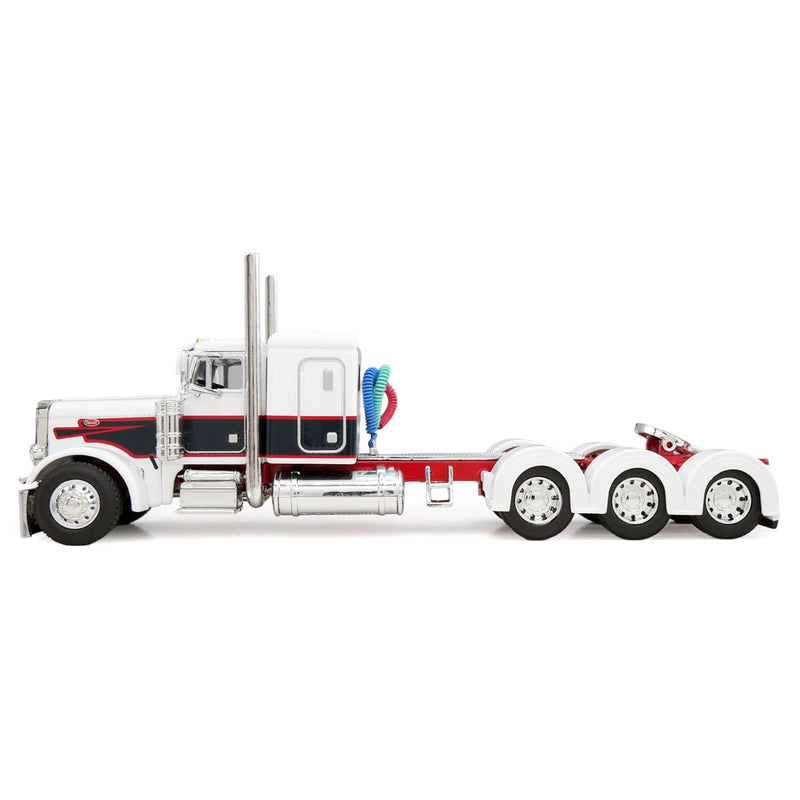 1/64 Peterbilt 379 Semi Truck with Lowboy Trailer, Jeep & 4th Flip Axle, White/Black/Red, DCP by First Gear