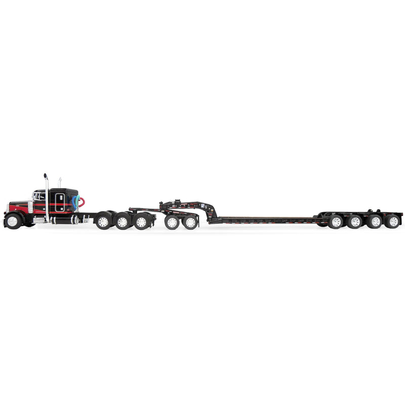 1/64 Peterbilt 379 Semi Truck with Lowboy Trailer, Jeep & 4th Flip Axle, Black/Red, DCP by First Gear