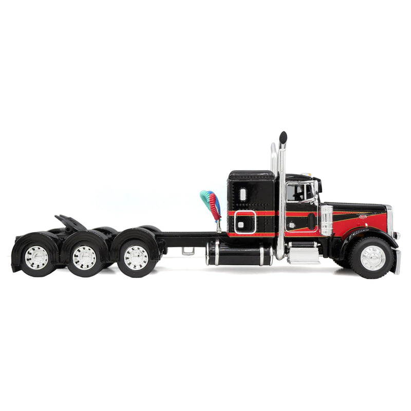 1/64 Peterbilt 379 Semi Truck with Lowboy Trailer, Jeep & 4th Flip Axle, Black/Red, DCP by First Gear