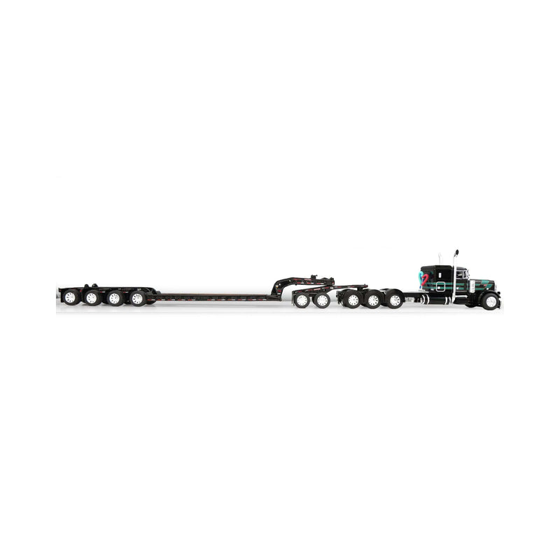 1/64 Peterbilt 379 Semi Truck with Lowboy Trailer, Jeep & 4th Flip Axle, Black/Green, DCP by First Gear