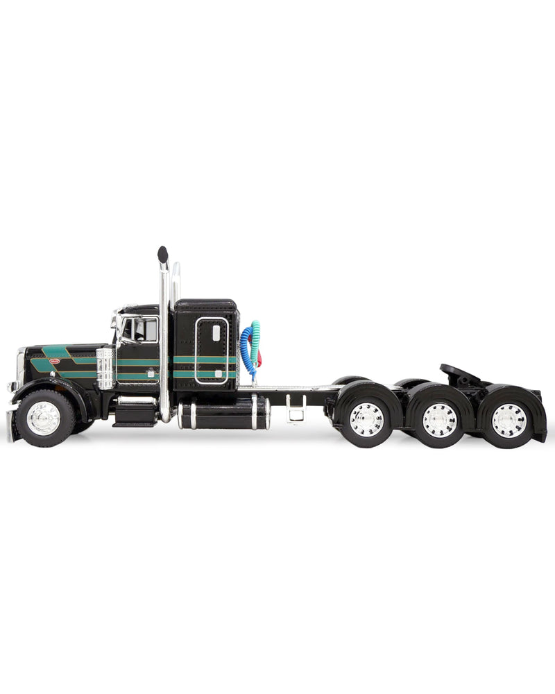 1/64 Peterbilt 379 Semi Truck with Lowboy Trailer, Jeep & 4th Flip Axle, Black/Green, DCP by First Gear