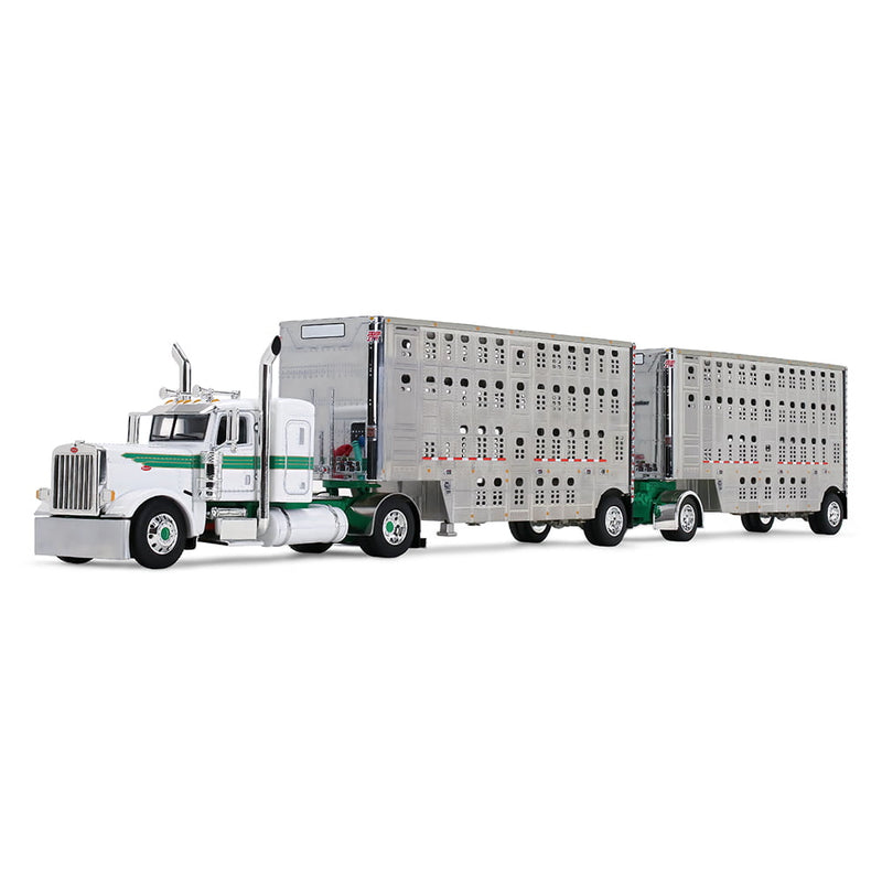 1/64 Peterbilt 389 Flat Top Semi Truck & Wilson Silverstar Double Livestock Trailers, White/Green, DCP by First Gear