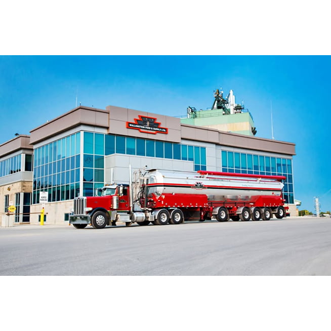 1/64 Peterbilt 589 Semi Truck with Chromed Five-Axle Walinga Feed Trailer, Wallenstein Feeds, DCP by First Gear